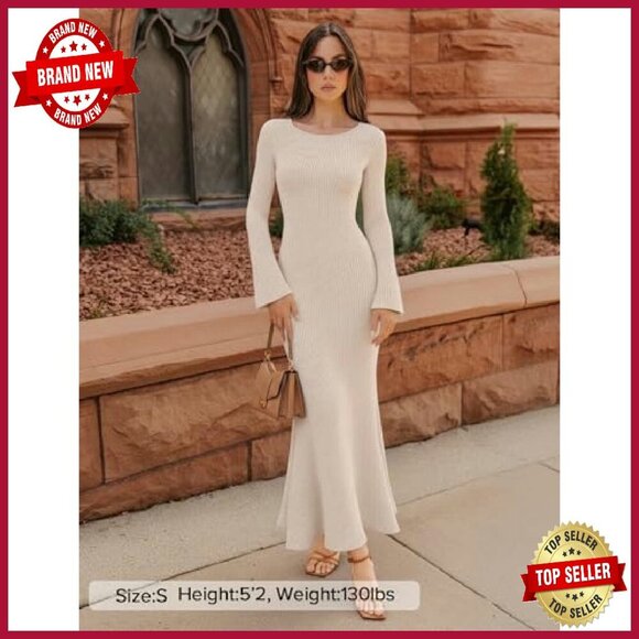 Long Sleeve Ribbed Knit Maxi Dress Boat Neck Bodycon Wedding Guest - Picture 7 of 8